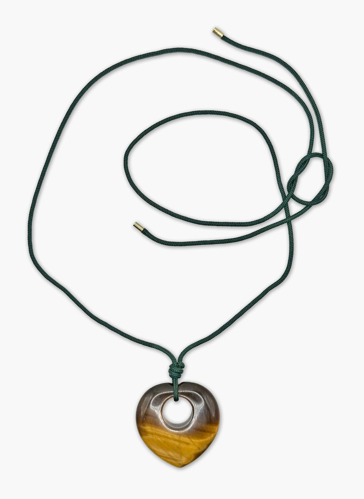 Isla Sol Darkwood Moss Necklace, long dark green cord with a tiger's eye heart pendant