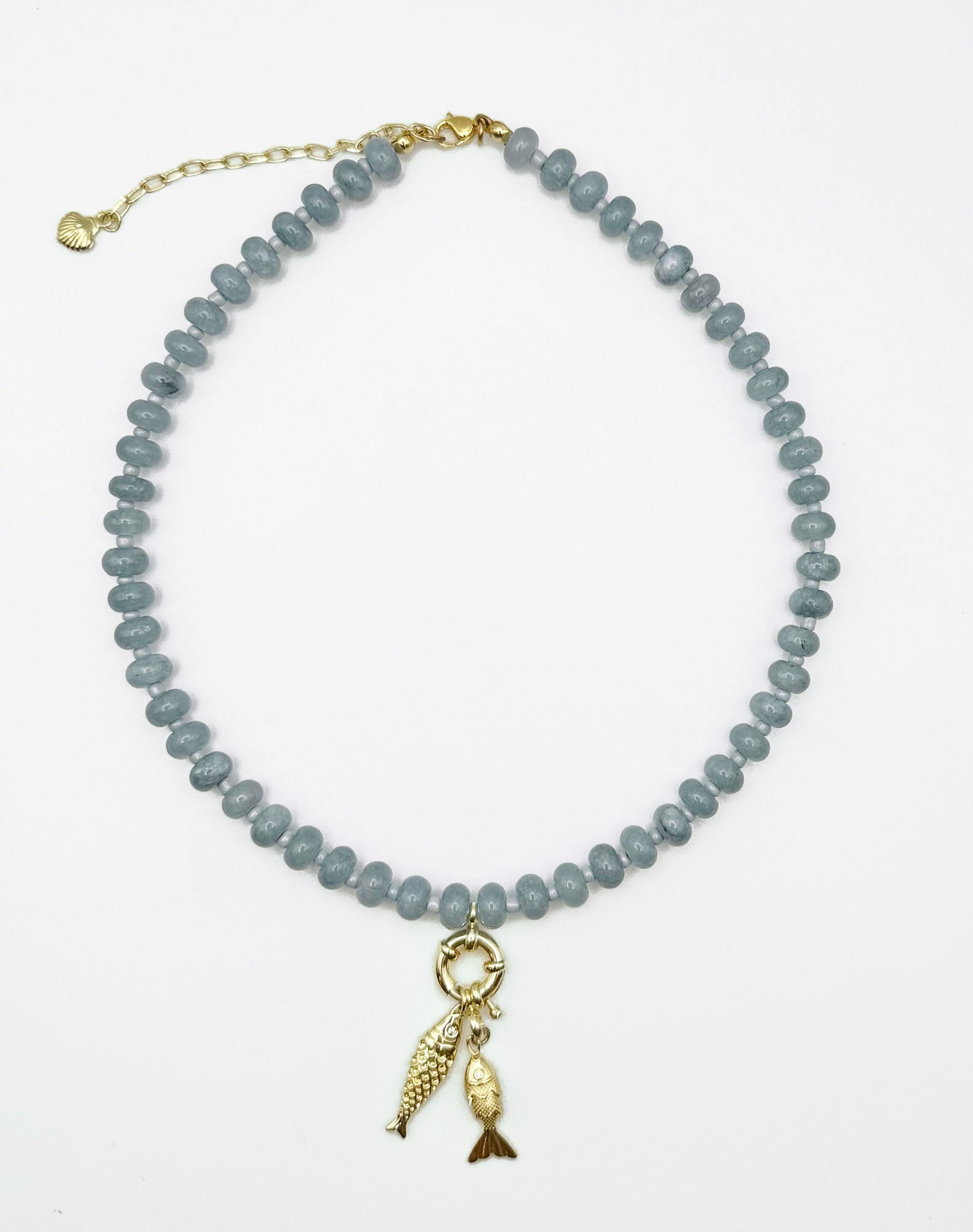 Double Catch Necklace with aquamarine jade gemstones and gold fish charms by Isla Sol
