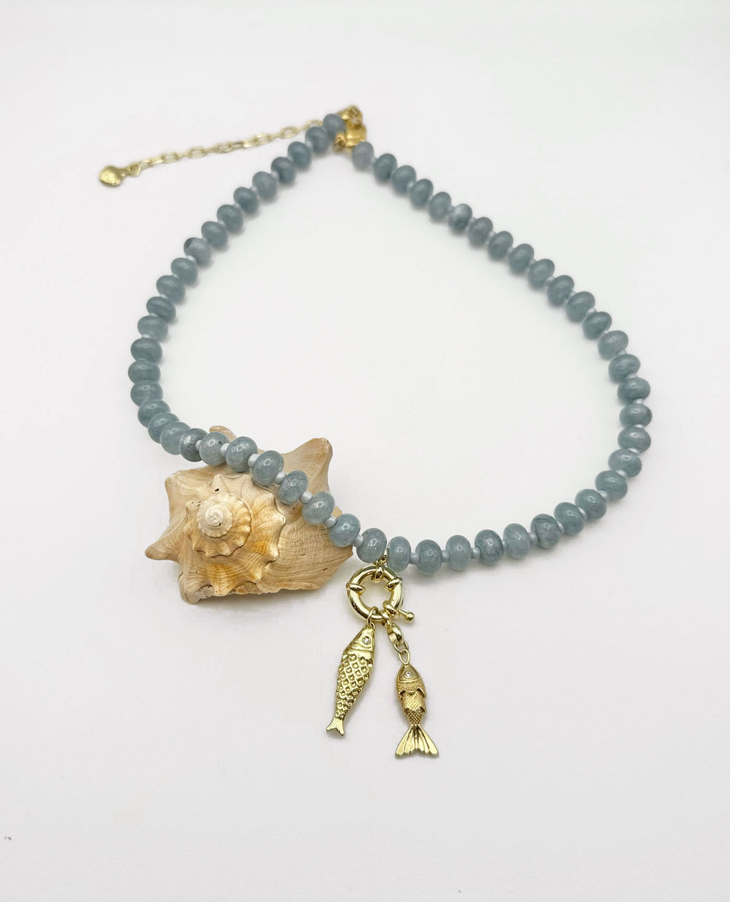 Double Catch Necklace with aquamarine jade gemstones and gold fish charms by Isla Sol