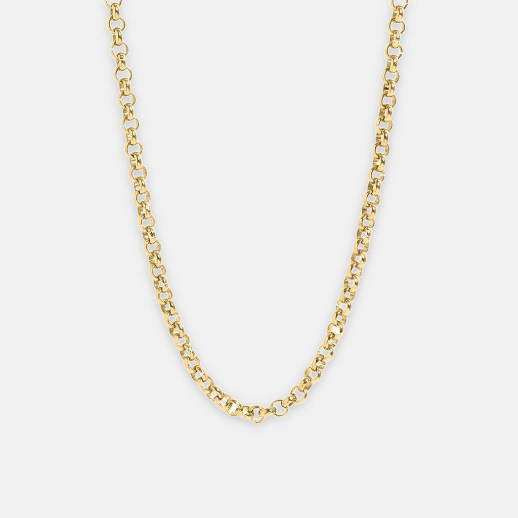 Isla Sol 18 inch gold Rolo Chain Necklace on a light gray background