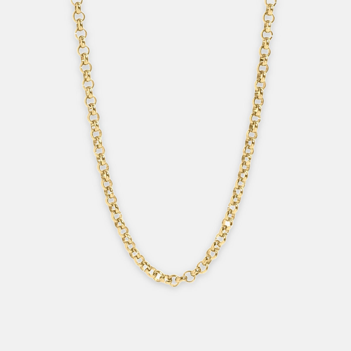 Isla Sol 18 inch gold Rolo Chain Necklace on a light gray background