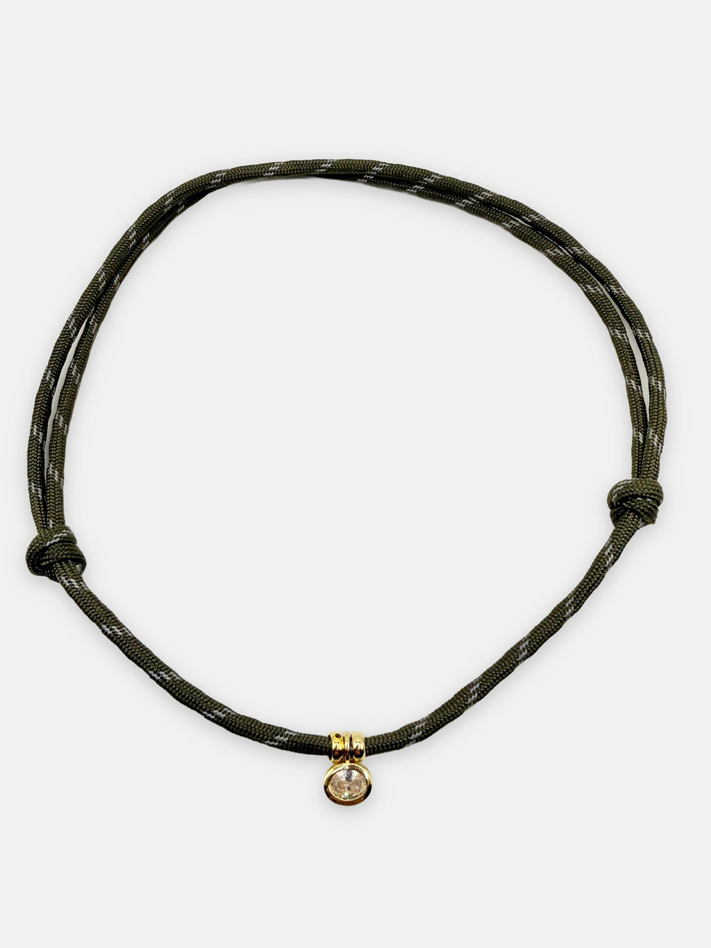 Isla Sol Summit Necklace in Moss green paracord with gold bezel-set rhinestone charm